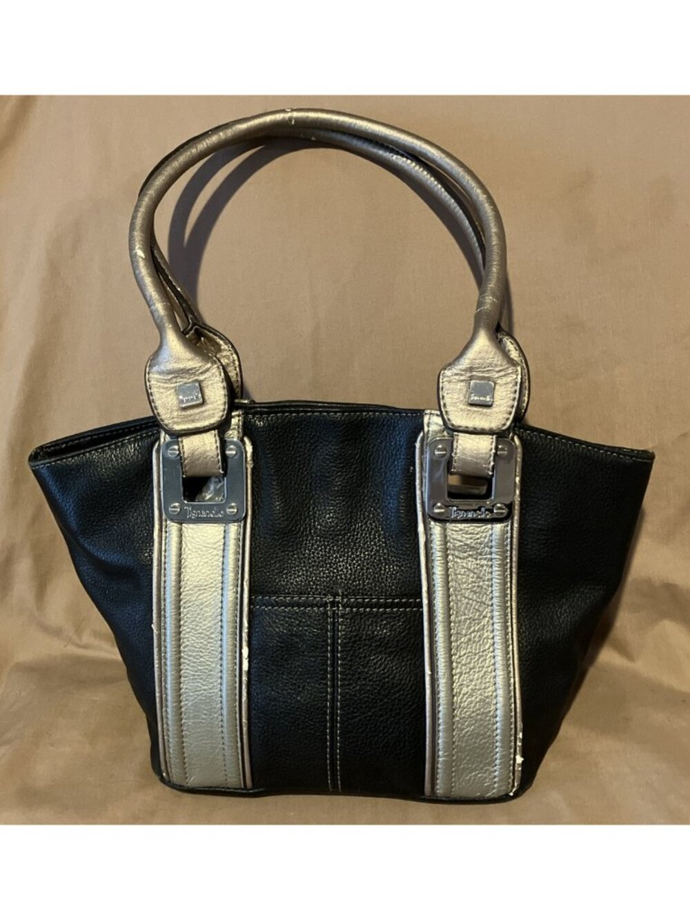 Tignanello Pebble Leather Purse Black w/Gold Metallic Accents 14x9x6